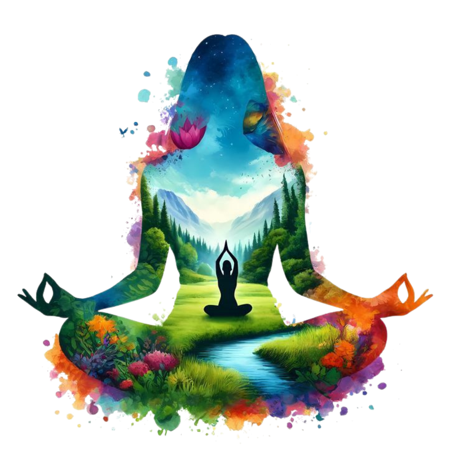 A colorful illustration depicting a meditative figure surrounded by natural landscapes, symbolizing peace, tranquility, and environmental harmony.